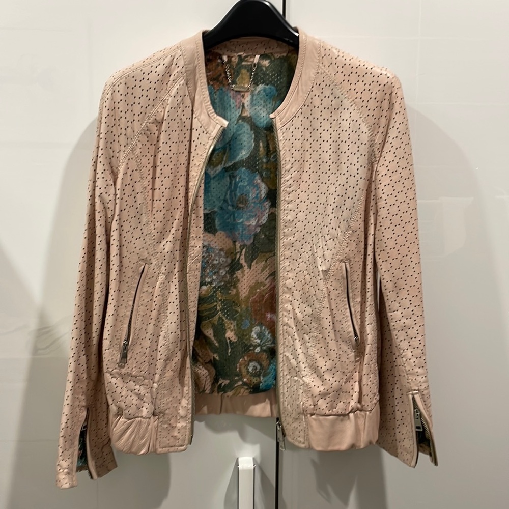 Imperial Star Beige Perforated Leather Jacket with Floral Lining